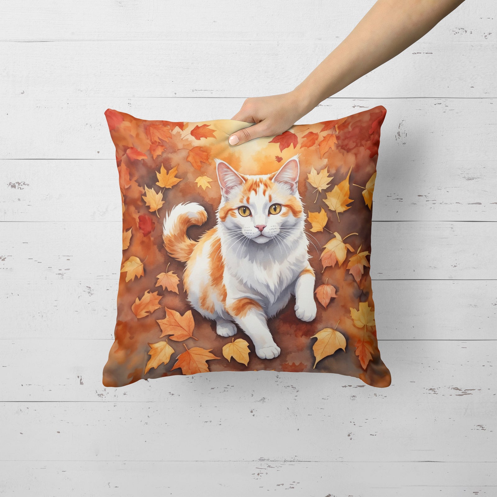 Caroline's Treasures Turkish Van Cat in Fall Leaves Throw Pillow
