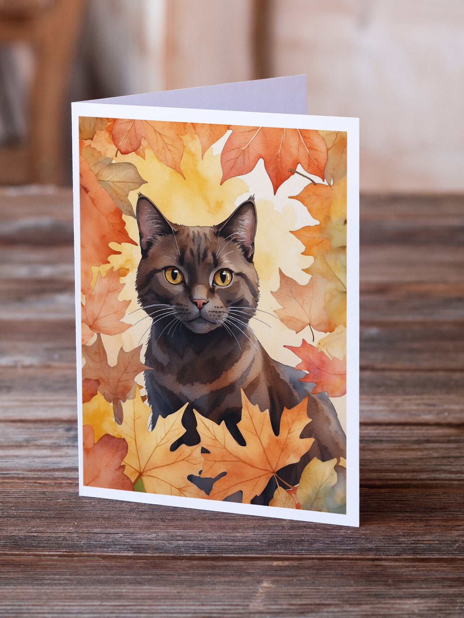 Caroline's Treasures York Chocolate Cat in Fall Leaves Greeting Cards - Blank Note Cards – 8-Pack of Artist-Designed Cards with Envelopes