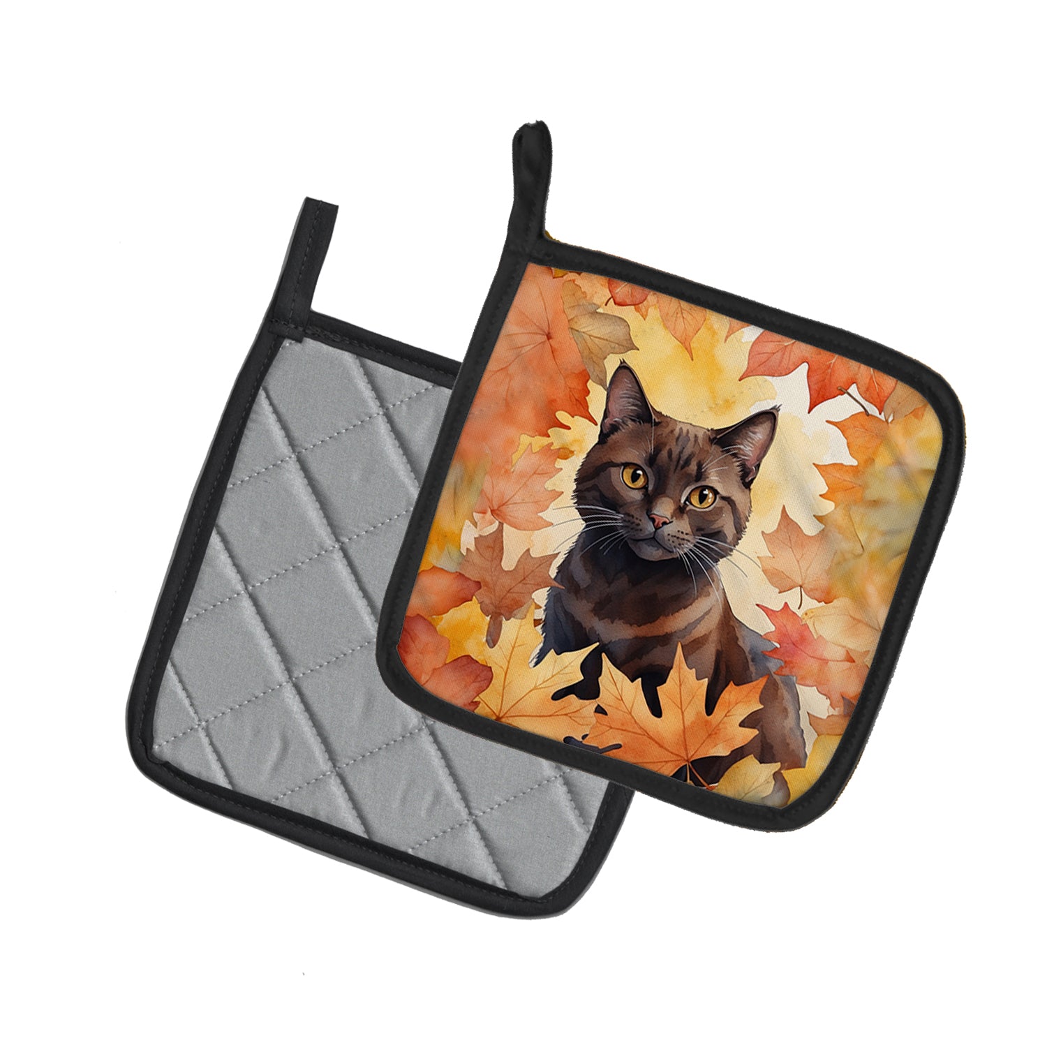 Caroline's Treasures York Chocolate Cat in Fall Leaves Pot Holders - Set of 2 Decorative Kitchen Helpers | Made in the USA
