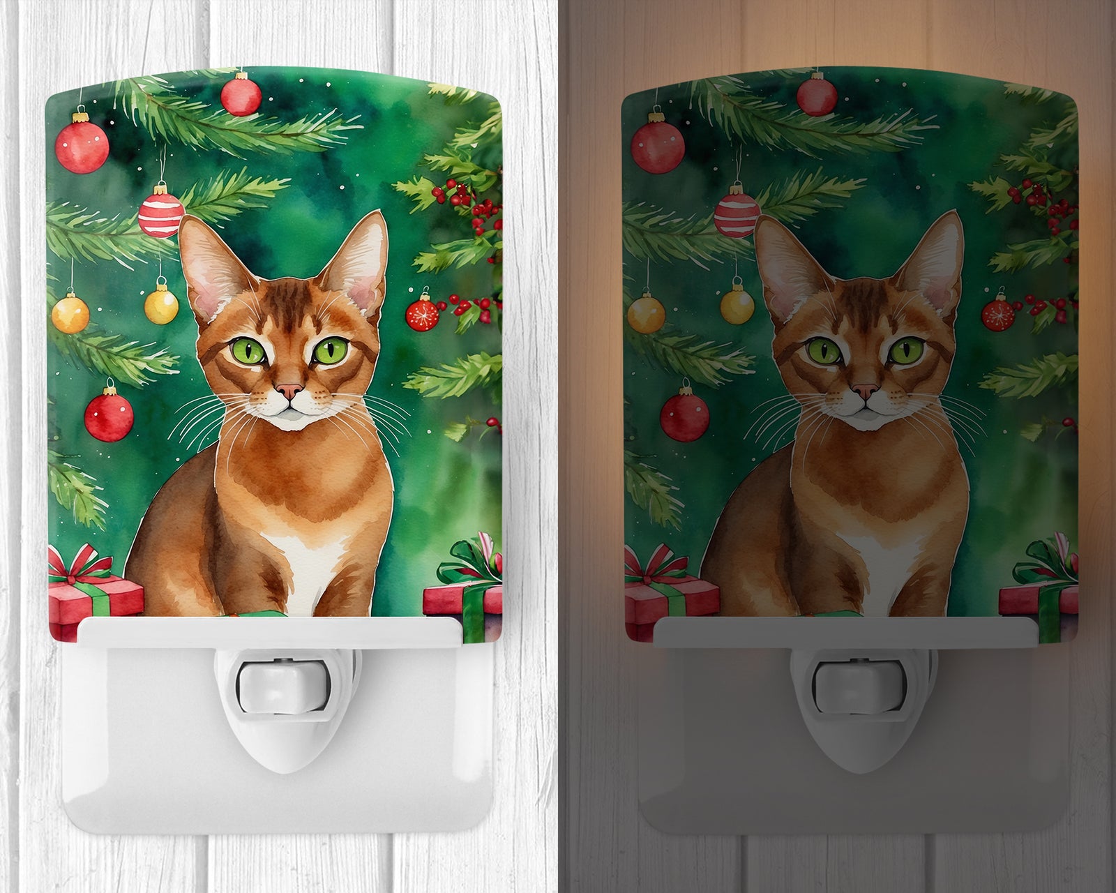Caroline's Treasures Abyssinian Cat By the Christmas Tree Ceramic Night Light