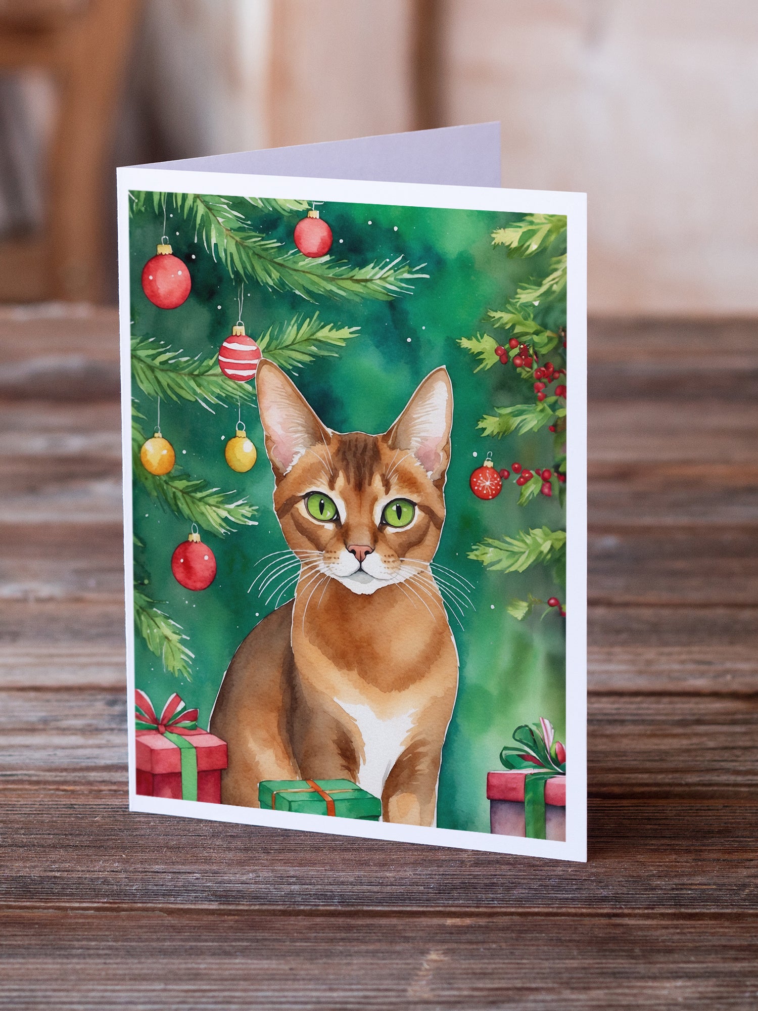 Caroline's Treasures Abyssinian Cat By the Christmas Tree Greeting Cards - Blank Note Cards – 8-Pack of Artist-Designed Cards with Envelopes