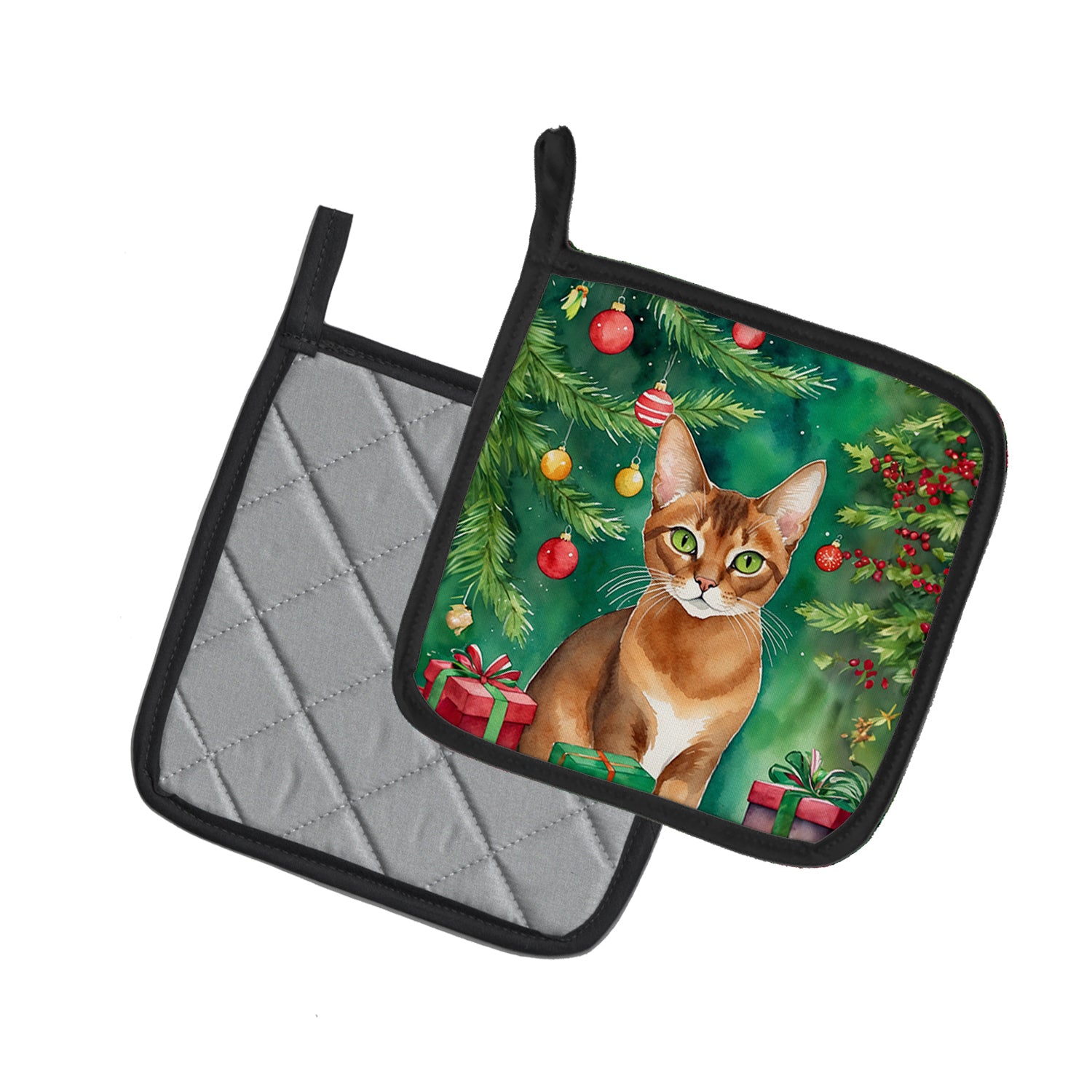 Caroline's Treasures Abyssinian Cat By the Christmas Tree Pot Holders - Set of 2 Decorative Kitchen Helpers | Made in the USA