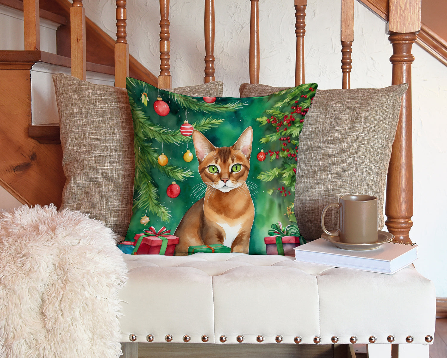 Caroline's Treasures Abyssinian Cat By the Christmas Tree Throw Pillow - 14x14 Decorative Pillow – Art for Your Home & Patio