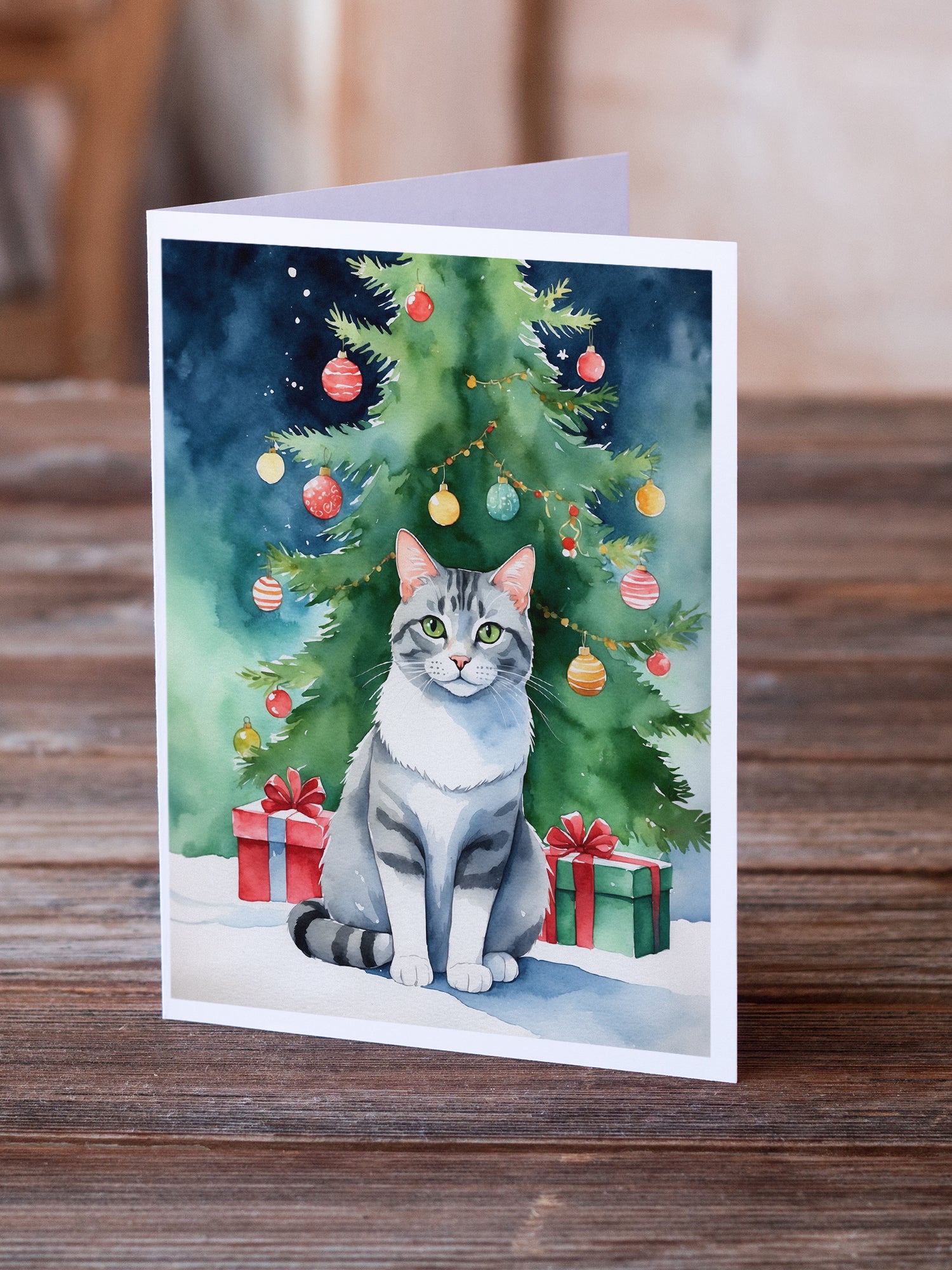 Caroline's Treasures Aegean Cat By the Christmas Tree Greeting Cards - Blank Note Cards – 8-Pack of Artist-Designed Cards with Envelopes