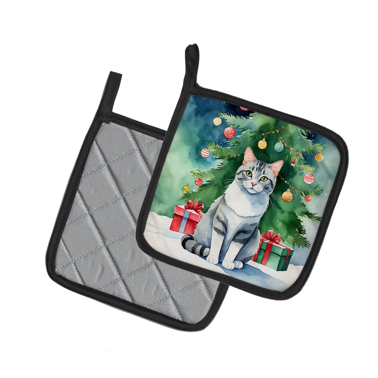 Caroline's Treasures Aegean Cat By the Christmas Tree Pot Holders - Set of 2 Decorative Kitchen Helpers | Made in the USA