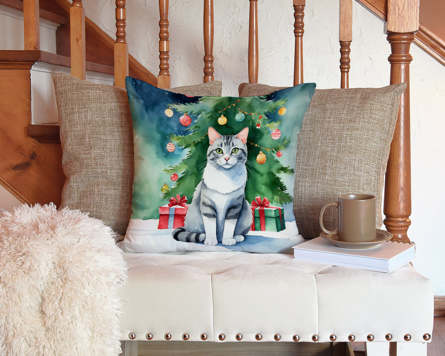 Caroline's Treasures Aegean Cat By the Christmas Tree Throw Pillow - 14x14 Decorative Pillow – Art for Your Home & Patio