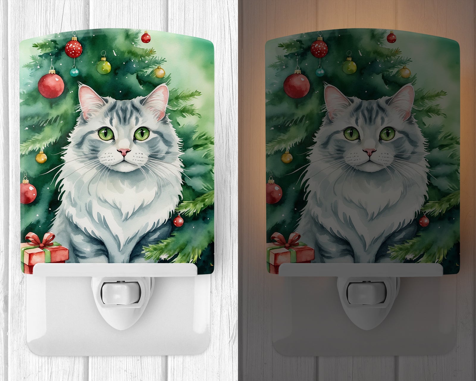 Caroline's Treasures American Curl Cat By the Christmas Tree Ceramic Night Light
