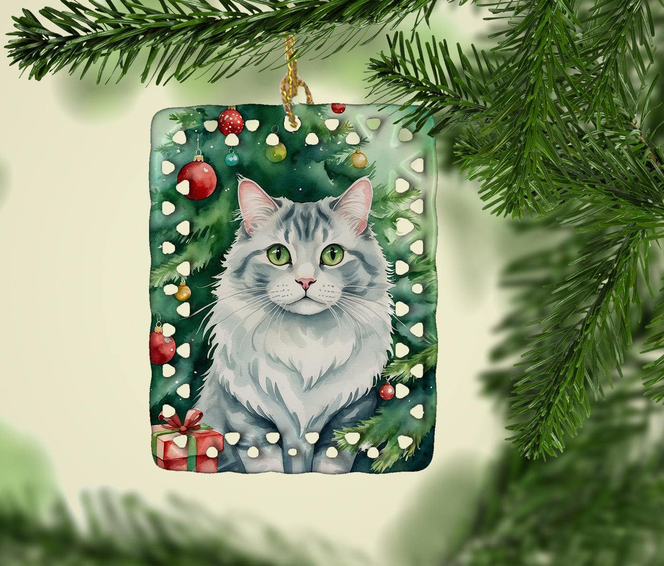 Caroline's Treasures American Curl Cat By the Christmas Tree Porcelain Ornament