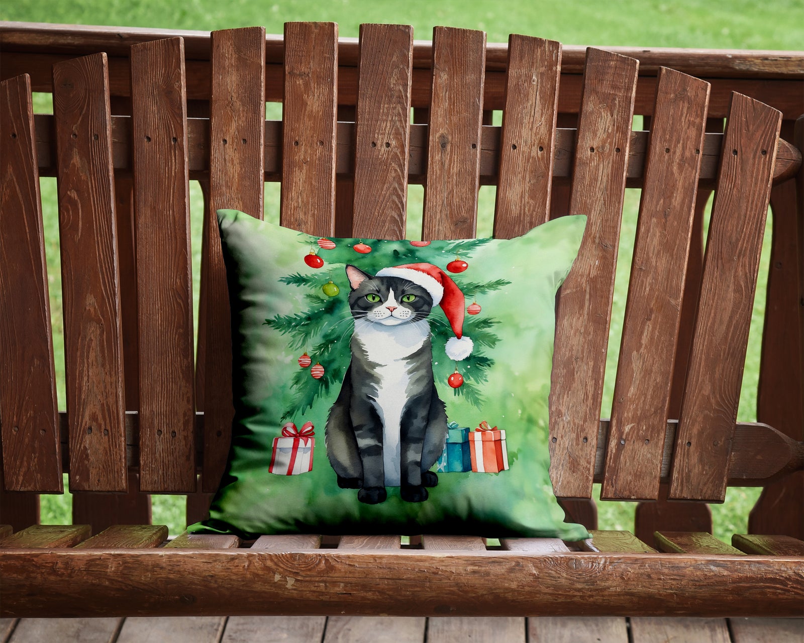 Caroline's Treasures American Polydactyl Cat By the Christmas Tree Throw Pillow - 14x14 Decorative Pillow – Art for Your Home & Patio
