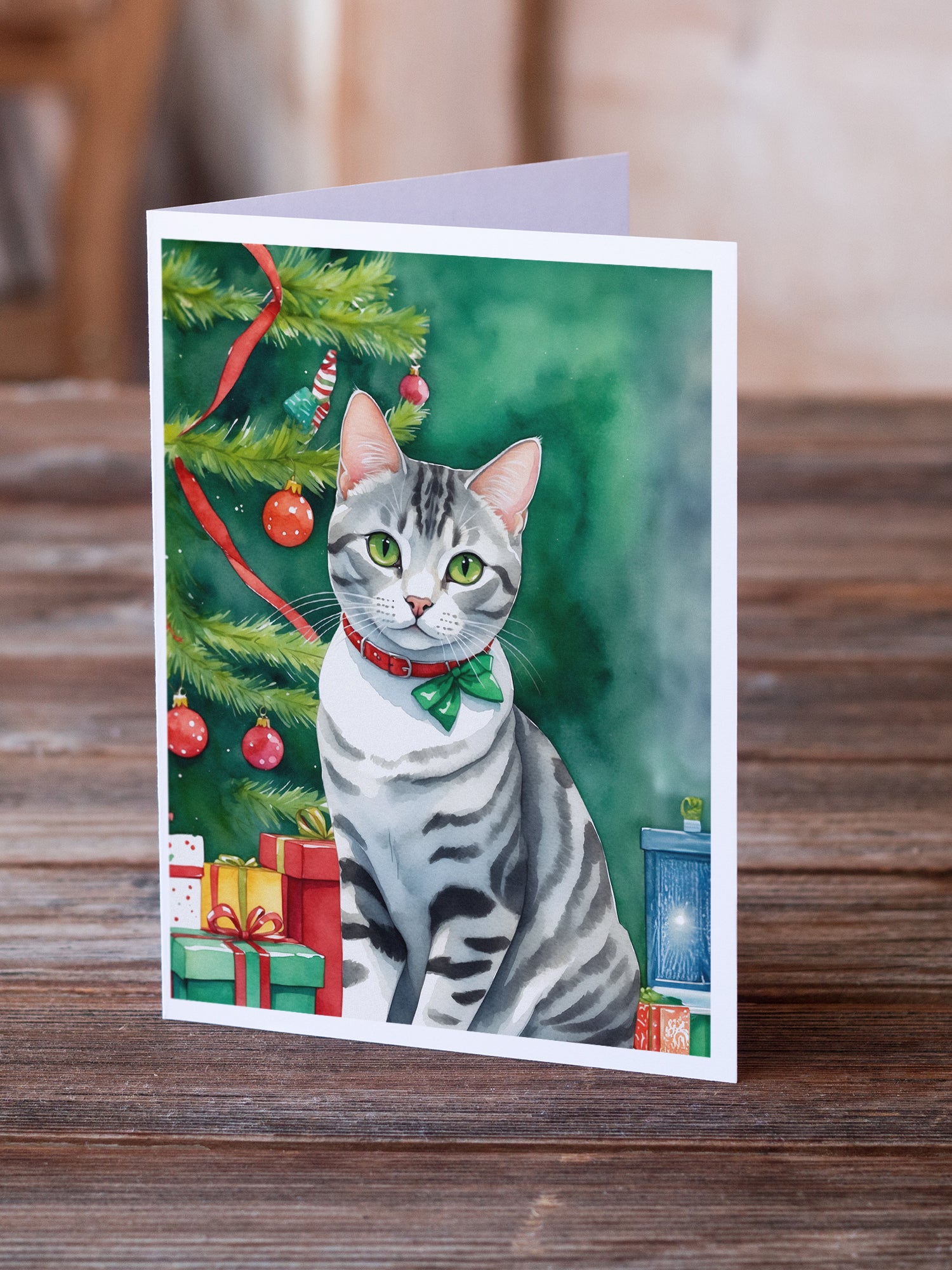 Caroline's Treasures American Shorthair Cat By the Christmas Tree Greeting Cards - Blank Note Cards – 8-Pack of Artist-Designed Cards with Envelopes