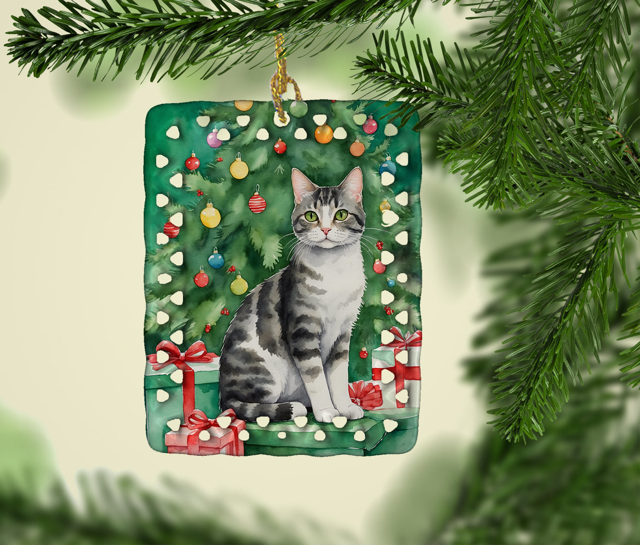 Caroline's Treasures American Wirehair Cat By the Christmas Tree Porcelain Ornament