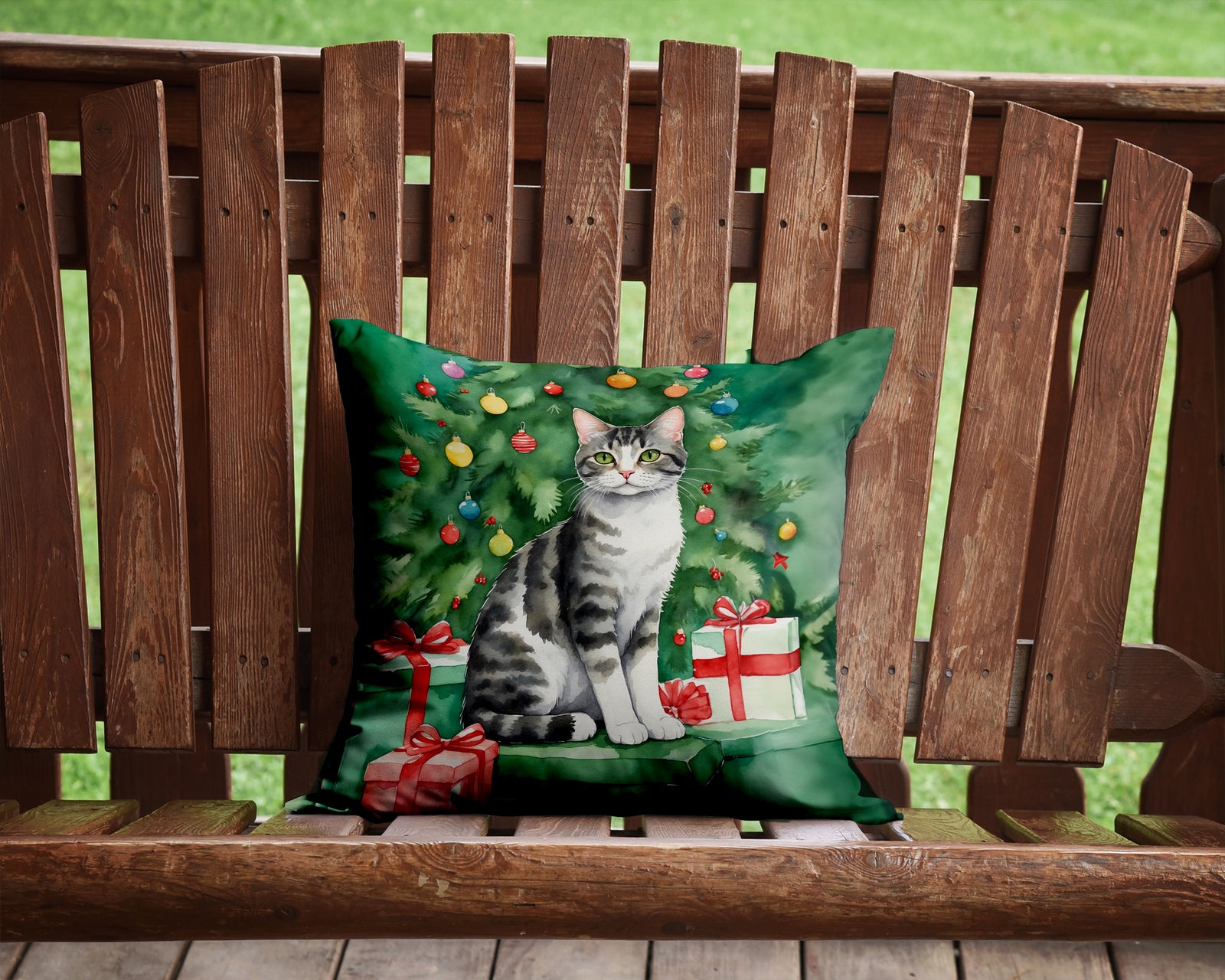 Caroline's Treasures American Wirehair Cat By the Christmas Tree Throw Pillow - 14x14 Decorative Pillow – Art for Your Home & Patio
