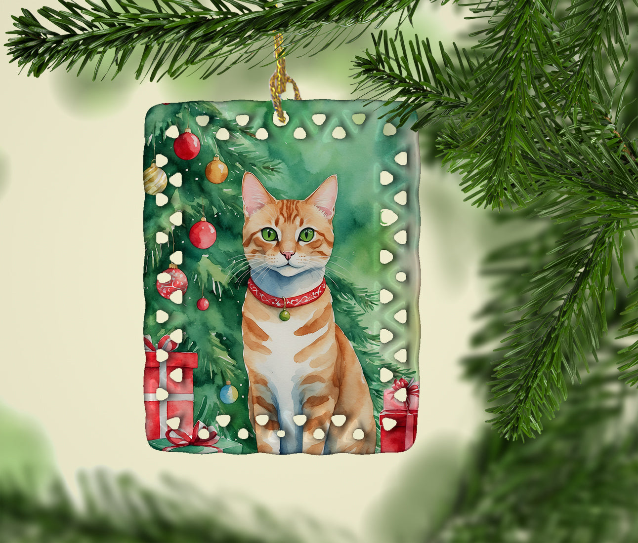 Caroline's Treasures Arabian Mau Cat By the Christmas Tree Porcelain Ornament