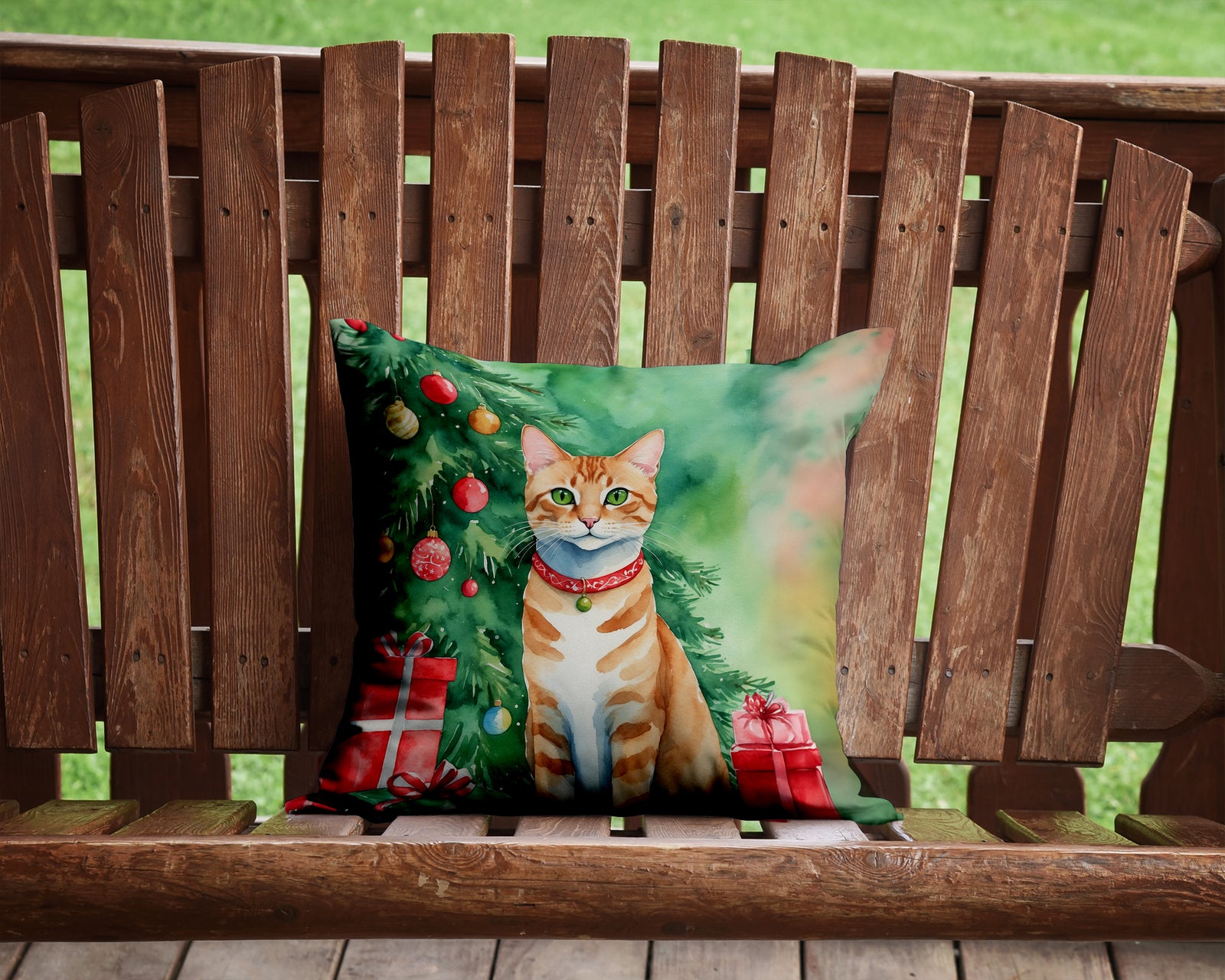 Caroline's Treasures Arabian Mau Cat By the Christmas Tree Throw Pillow - 14x14 Decorative Pillow – Art for Your Home & Patio