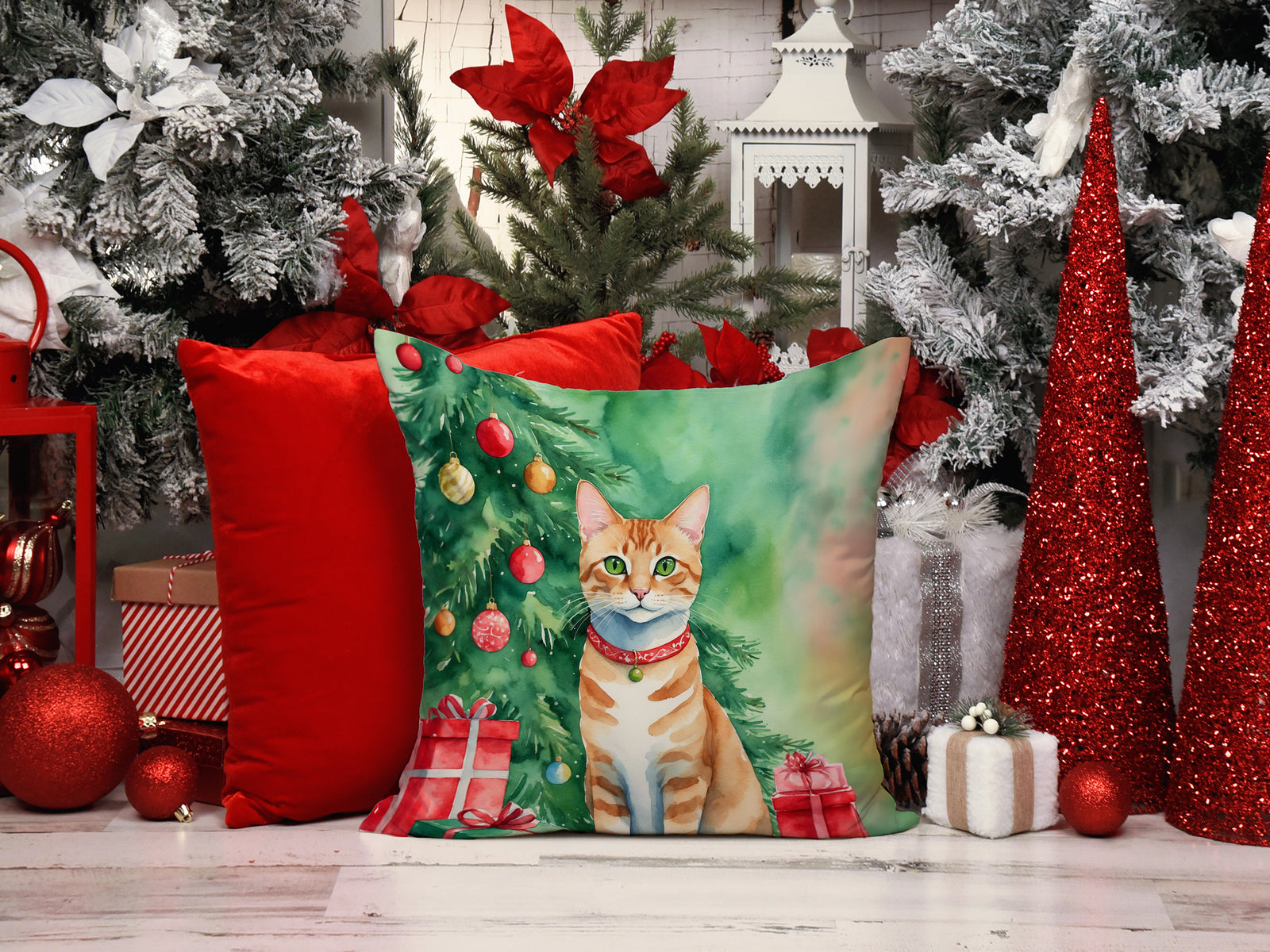 Caroline's Treasures Arabian Mau Cat By the Christmas Tree Throw Pillow