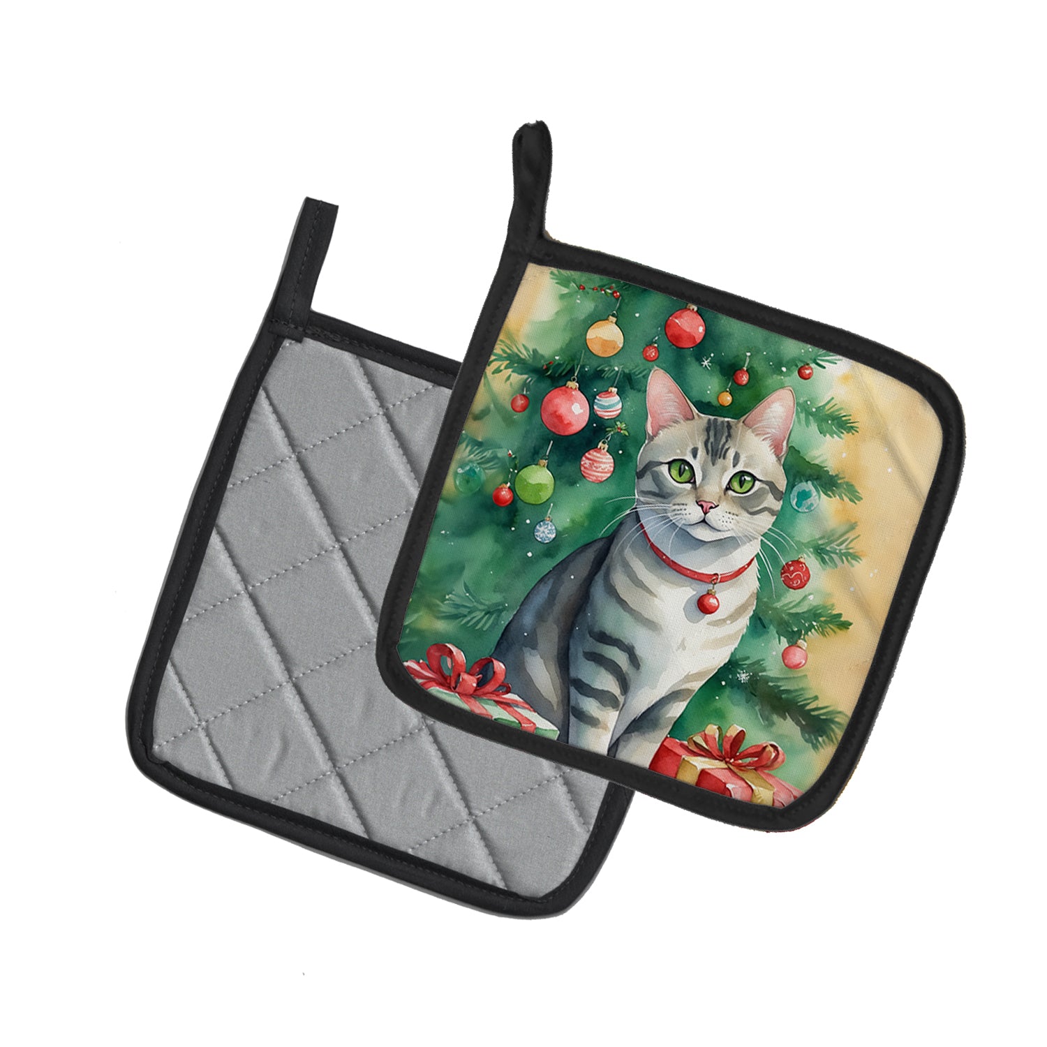 Caroline's Treasures Asian Cat By the Christmas Tree Pot Holders - Set of 2 Decorative Kitchen Helpers | Made in the USA
