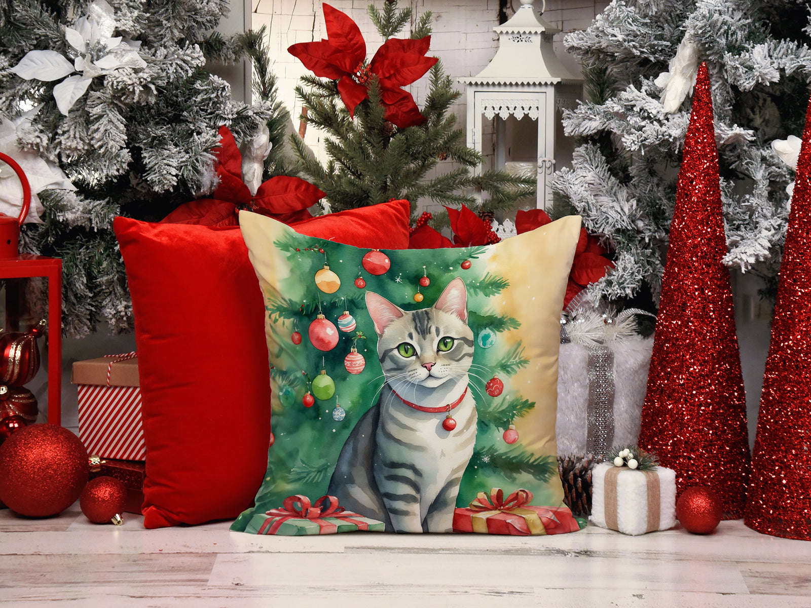 Caroline's Treasures Asian Cat By the Christmas Tree Throw Pillow