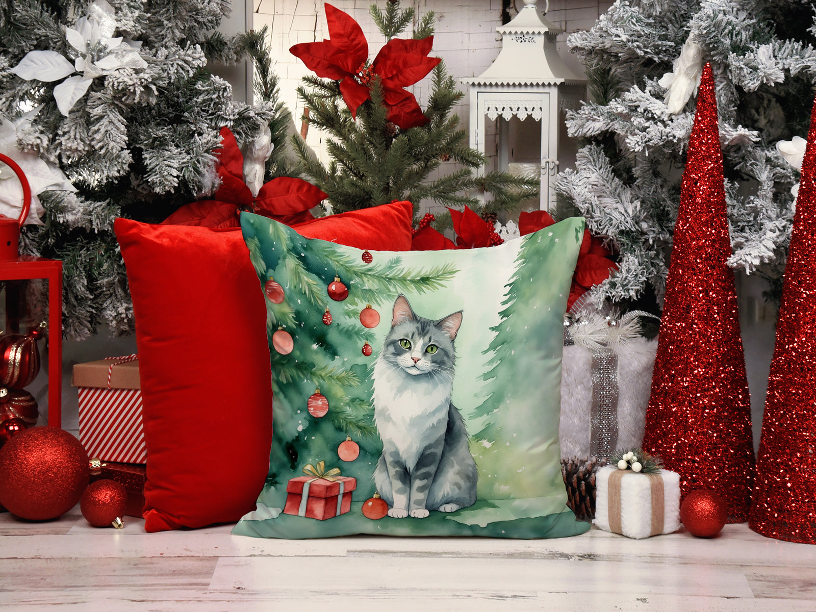 Caroline's Treasures Australian Mist Cat By the Christmas Tree Throw Pillow