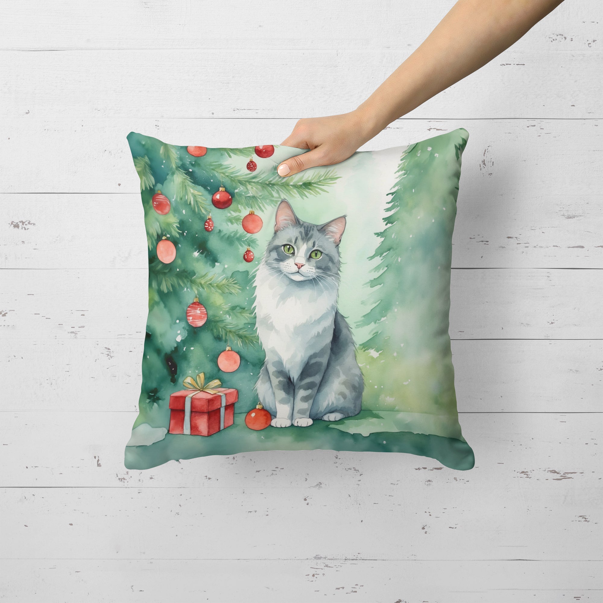 Caroline's Treasures Australian Mist Cat By the Christmas Tree Throw Pillow