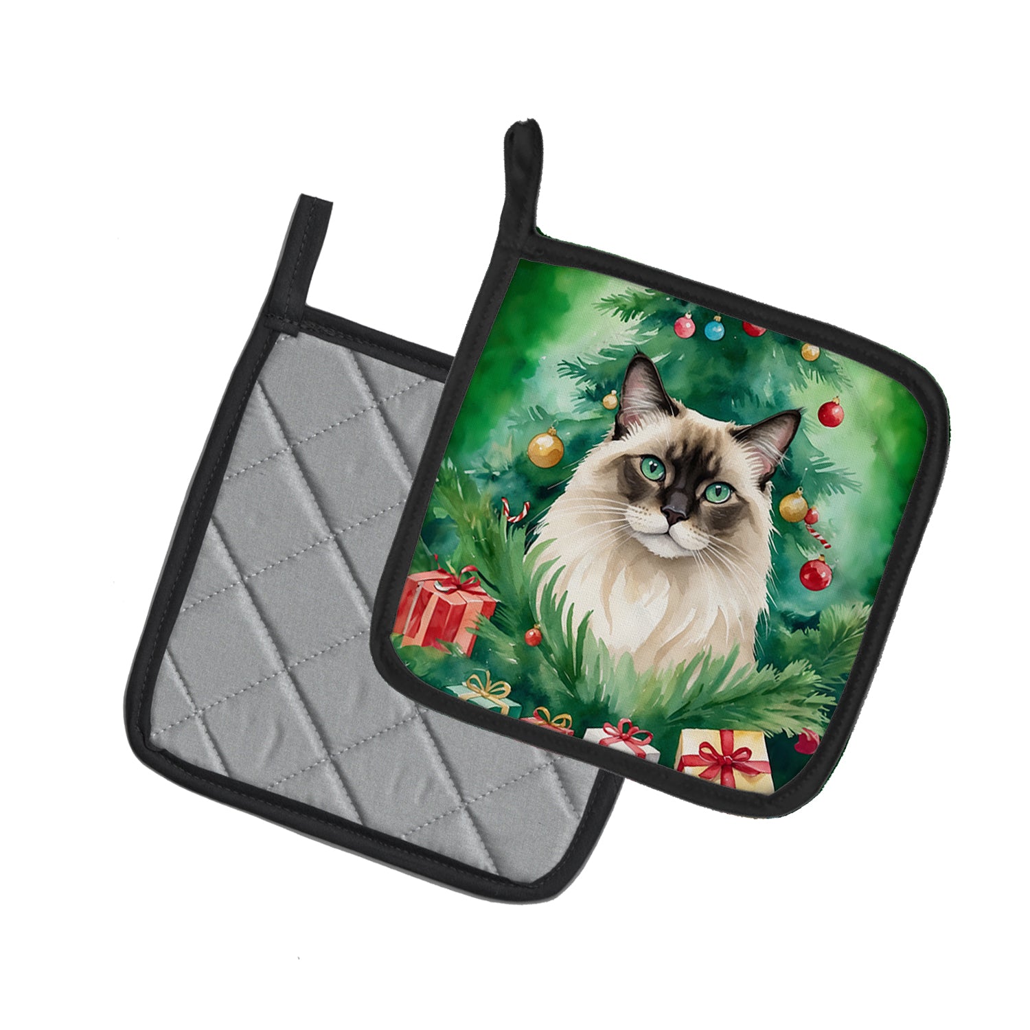 Caroline's Treasures Balinese Cat By the Christmas Tree Pot Holders - Set of 2 Decorative Kitchen Helpers | Made in the USA