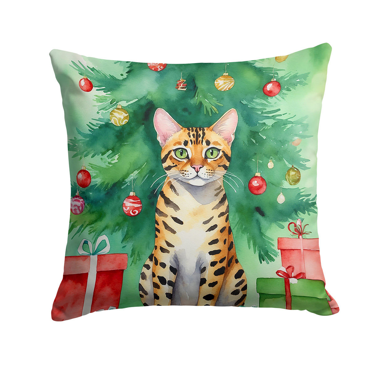 Caroline's Treasures Bengal Cat By the Christmas Tree Throw Pillow - 14x14 Decorative Pillow – Art for Your Home & Patio