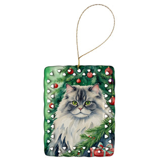 Caroline's Treasures British Longhair Cat By the Christmas Tree Porcelain Ornament