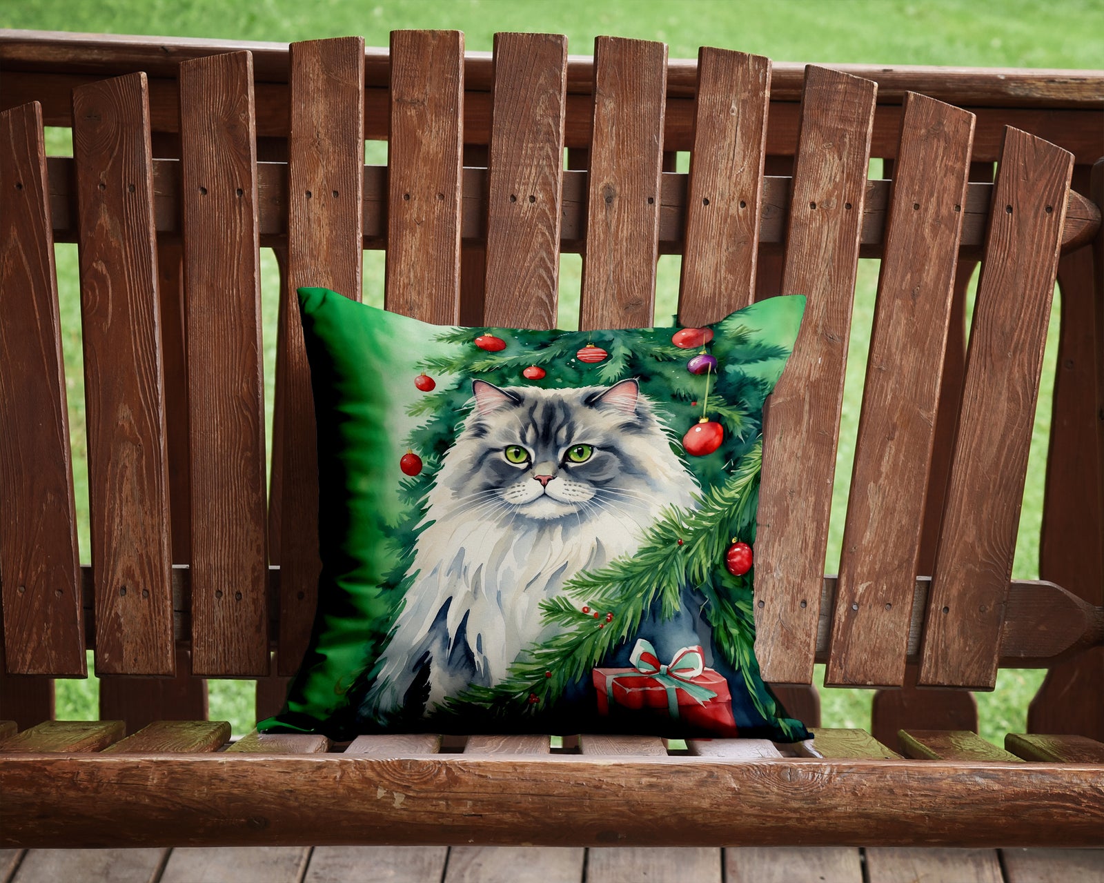 Caroline's Treasures British Longhair Cat By the Christmas Tree Throw Pillow - 14x14 Decorative Pillow – Art for Your Home & Patio