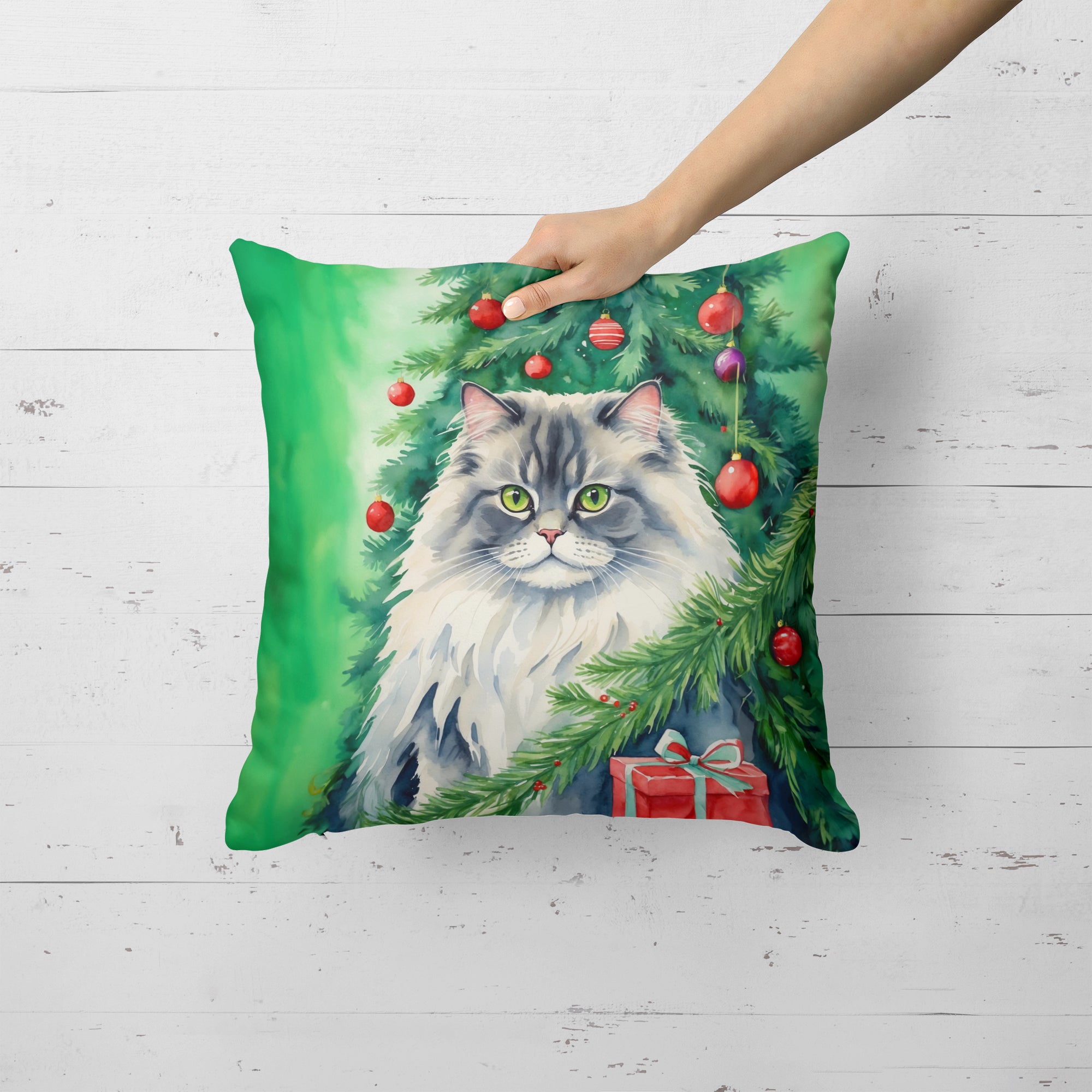Caroline's Treasures British Longhair Cat By the Christmas Tree Throw Pillow