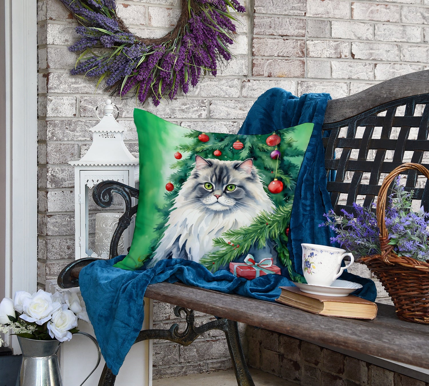 Caroline's Treasures British Longhair Cat By the Christmas Tree Throw Pillow