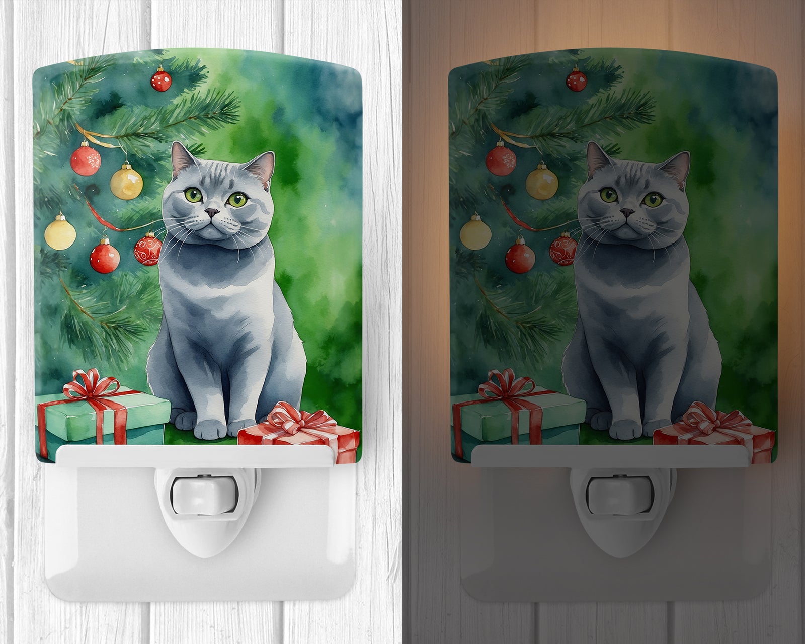 Caroline's Treasures British Shorthair Cat By the Christmas Tree Ceramic Night Light