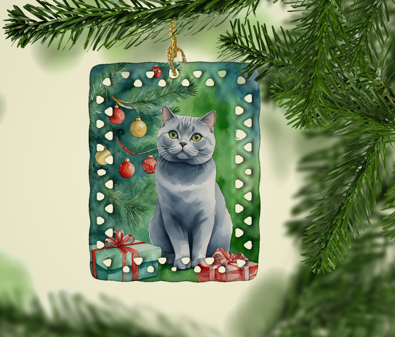 Caroline's Treasures British Shorthair Cat By the Christmas Tree Porcelain Ornament