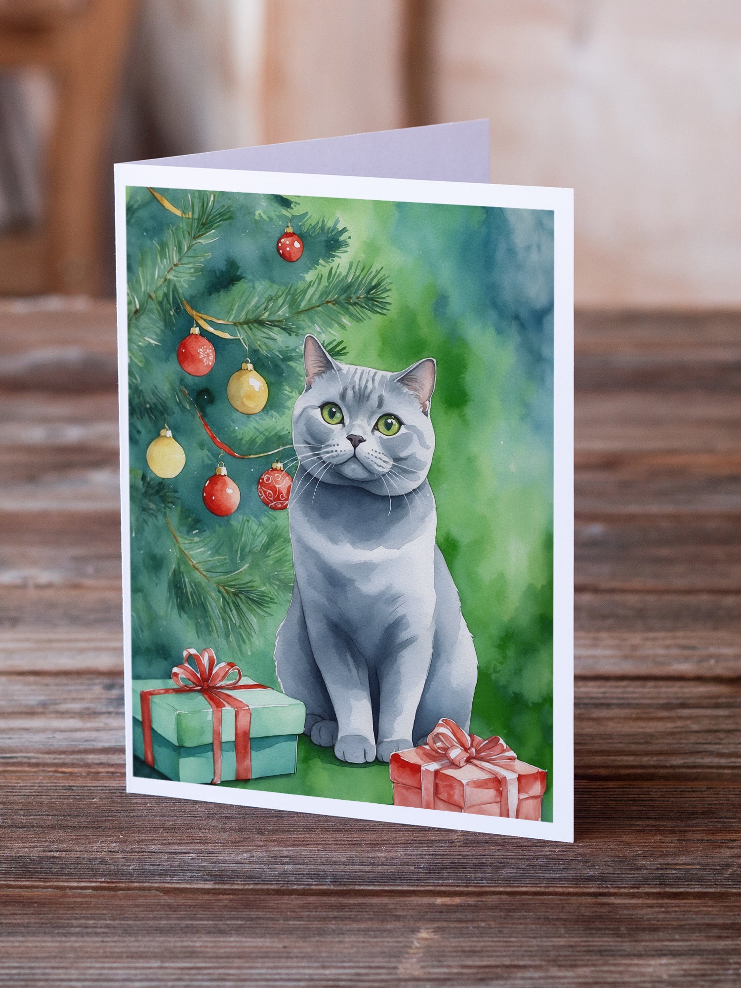 Caroline's Treasures British Shorthair Cat By the Christmas Tree Greeting Cards - Blank Note Cards – 8-Pack of Artist-Designed Cards with Envelopes