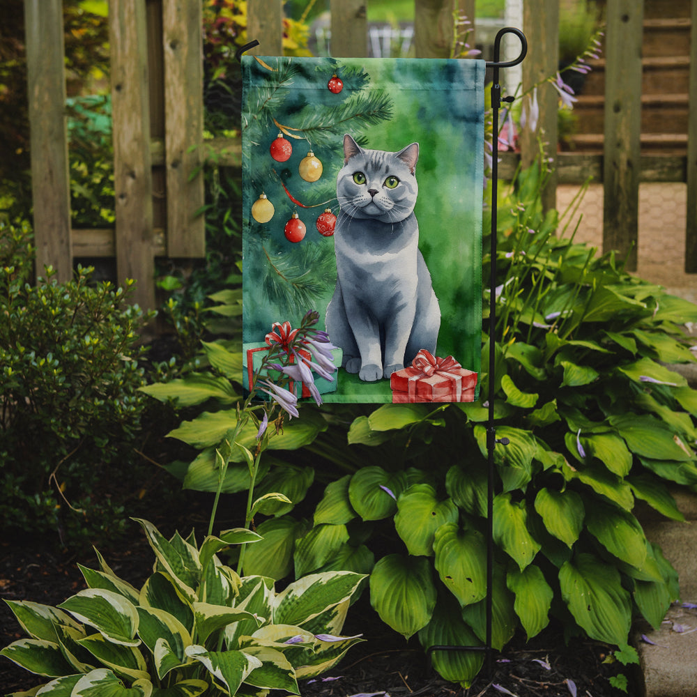 Caroline's Treasures British Shorthair Christmas Garden Flag - Cat by the Christmas Tree - Cat-Themed Holiday Yard Decor