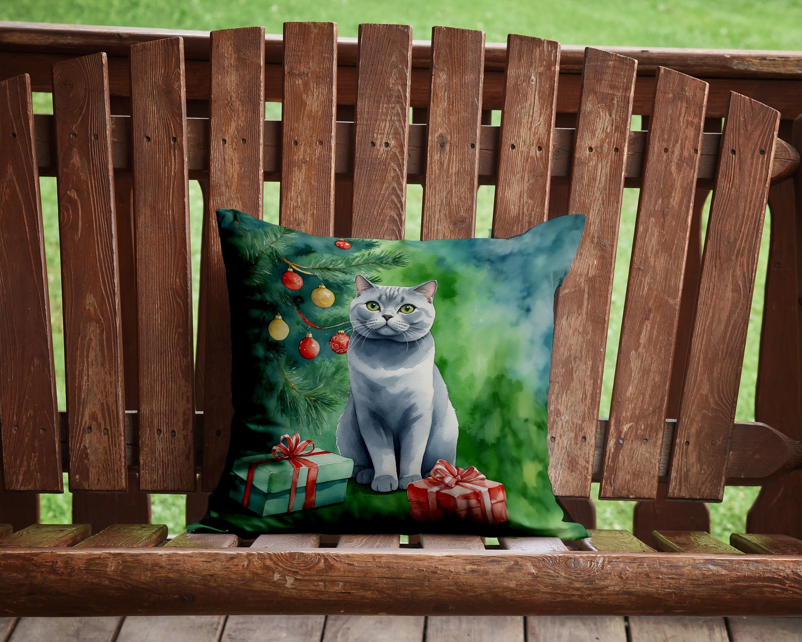Caroline's Treasures British Shorthair Cat By the Christmas Tree Throw Pillow - 14x14 Decorative Pillow – Art for Your Home & Patio