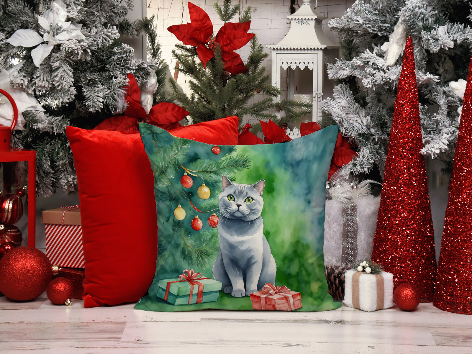 Caroline's Treasures British Shorthair Cat By the Christmas Tree Throw Pillow