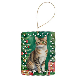 Caroline's Treasures California Spangled Cat By the Christmas Tree Porcelain Ornament