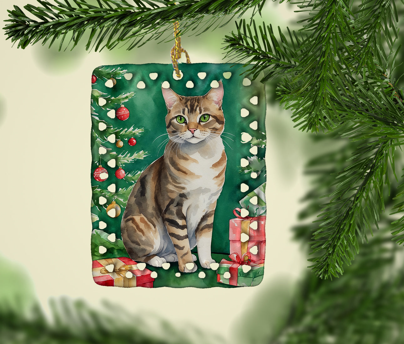 Caroline's Treasures California Spangled Cat By the Christmas Tree Porcelain Ornament