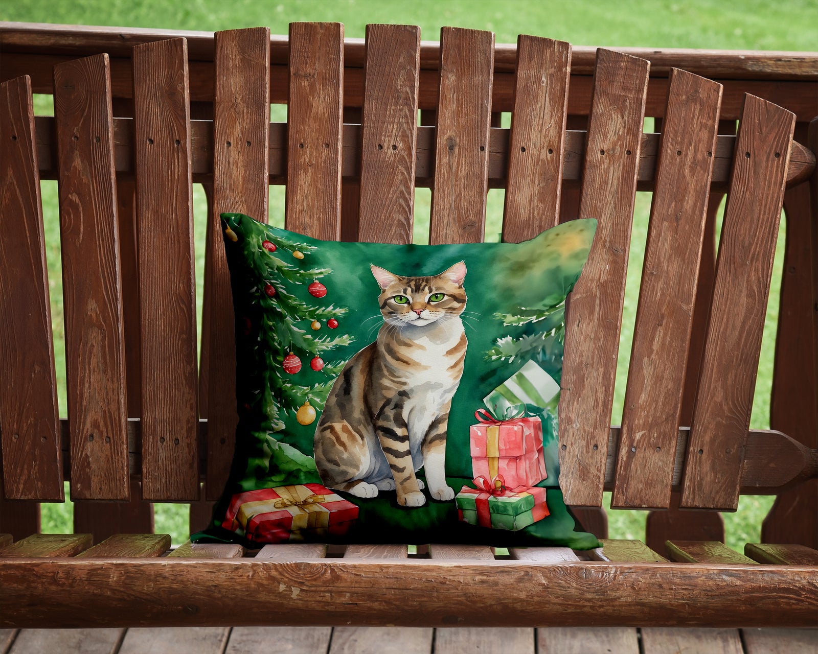 Caroline's Treasures California Spangled Cat By the Christmas Tree Throw Pillow - 14x14 Decorative Pillow – Art for Your Home & Patio