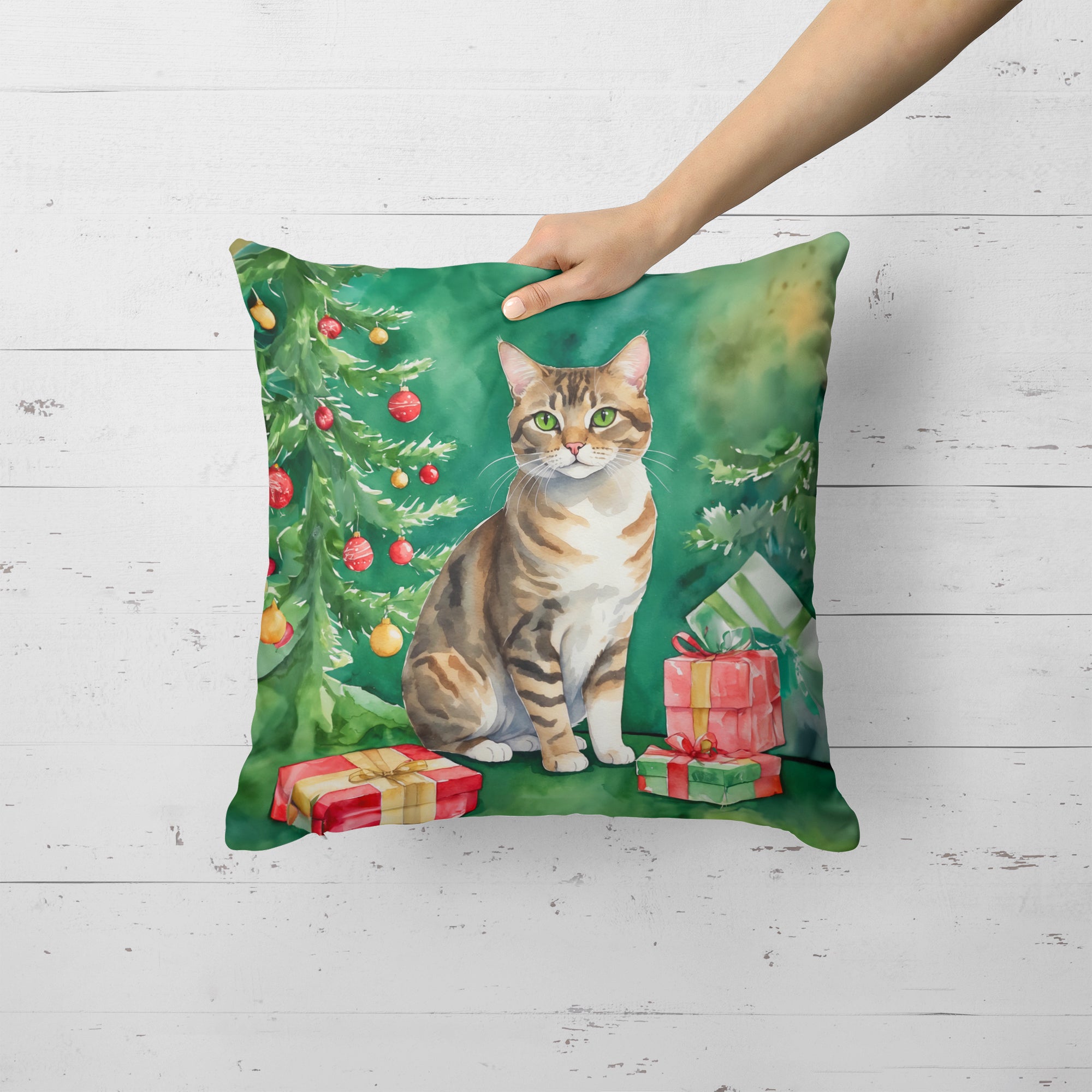 Caroline's Treasures California Spangled Cat By the Christmas Tree Throw Pillow