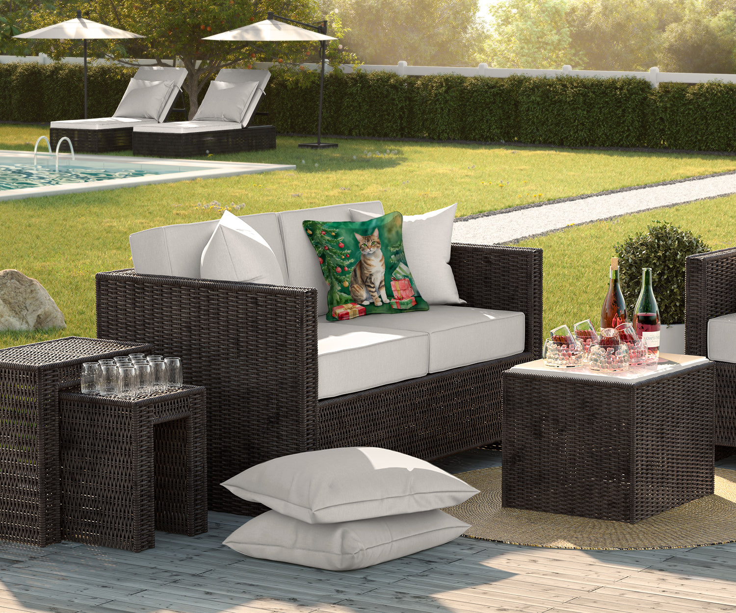 Caroline's Treasures California Spangled Cat By the Christmas Tree Throw Pillow