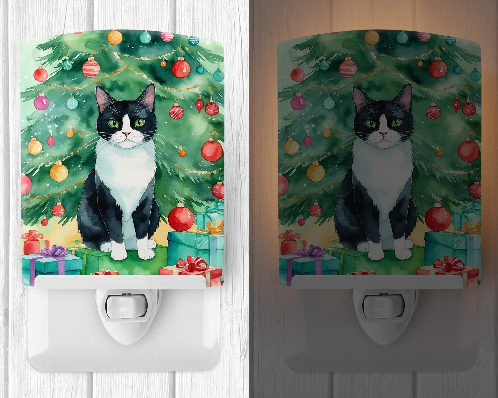 Caroline's Treasures Chantilly Tiffany Cat By the Christmas Tree Ceramic Night Light