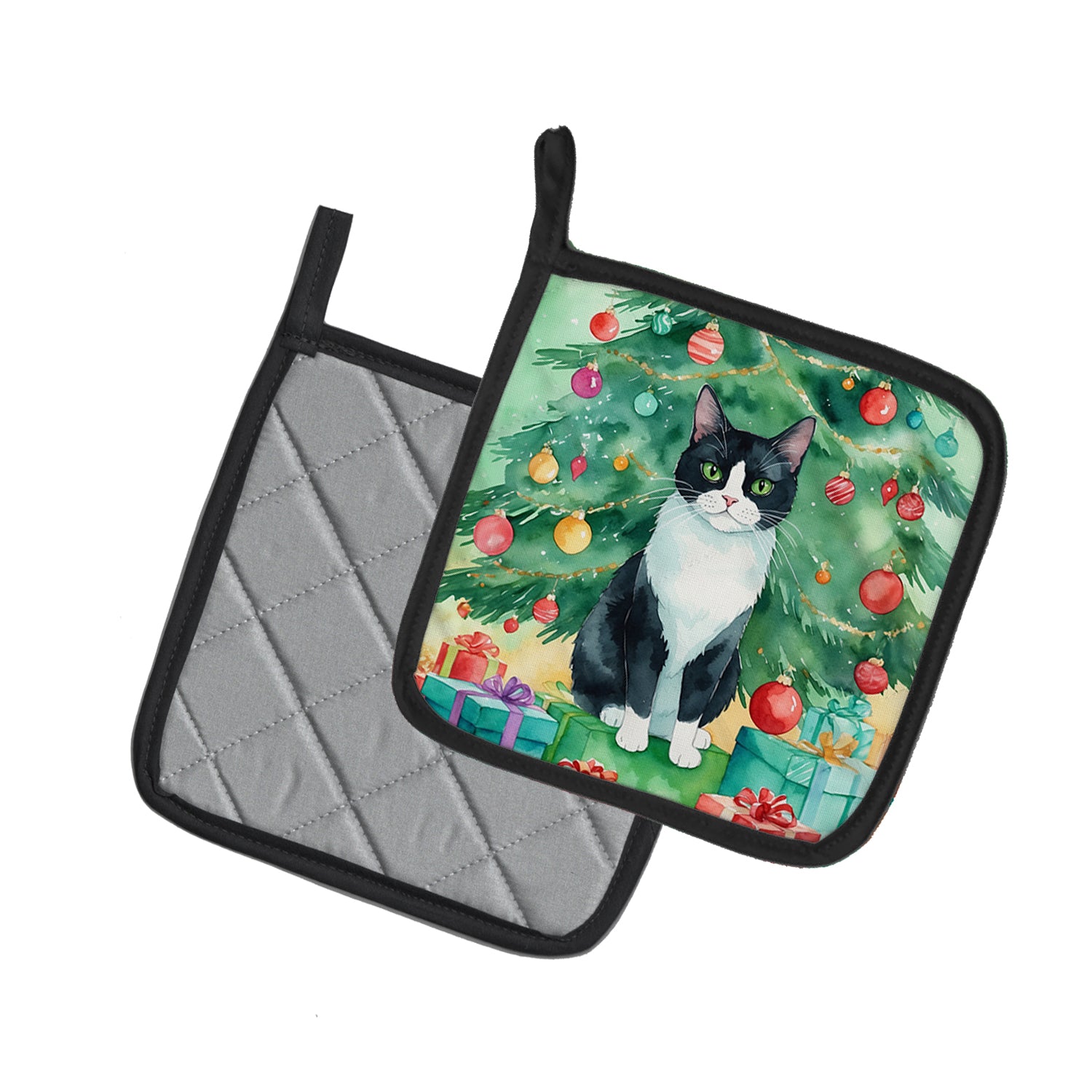 Caroline's Treasures Chantilly Tiffany Cat By the Christmas Tree Pot Holders - Set of 2 Decorative Kitchen Helpers | Made in the USA