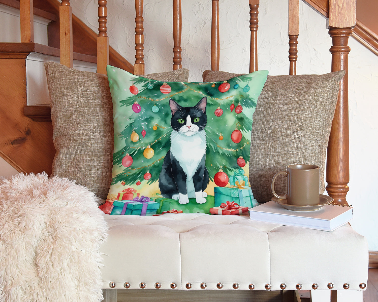 Caroline's Treasures Chantilly Tiffany Cat By the Christmas Tree Throw Pillow - 14x14 Decorative Pillow – Art for Your Home & Patio