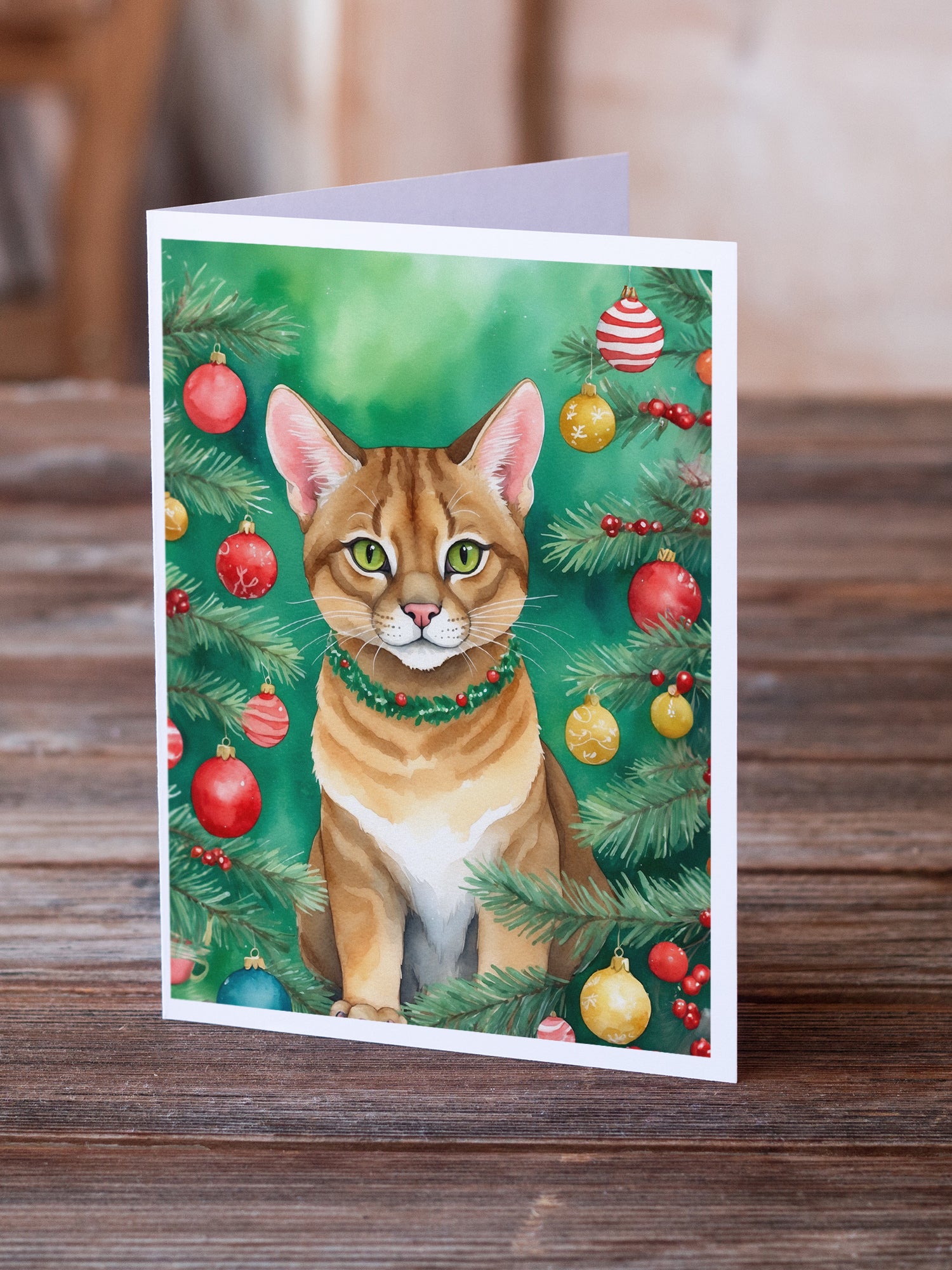 Caroline's Treasures Chausie Cat By the Christmas Tree Greeting Cards - Blank Note Cards – 8-Pack of Artist-Designed Cards with Envelopes