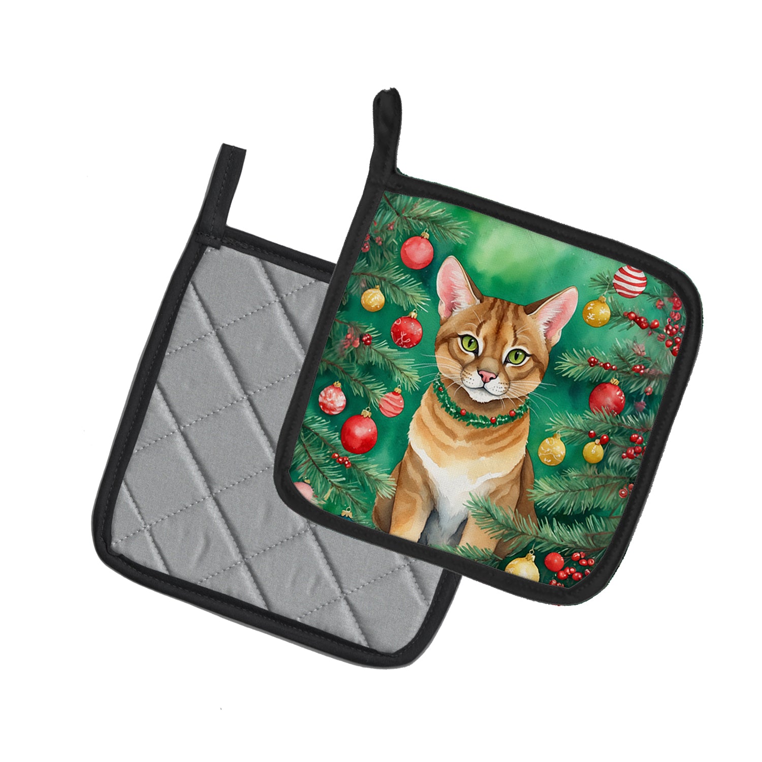 Caroline's Treasures Chausie Cat By the Christmas Tree Pot Holders - Set of 2 Decorative Kitchen Helpers | Made in the USA