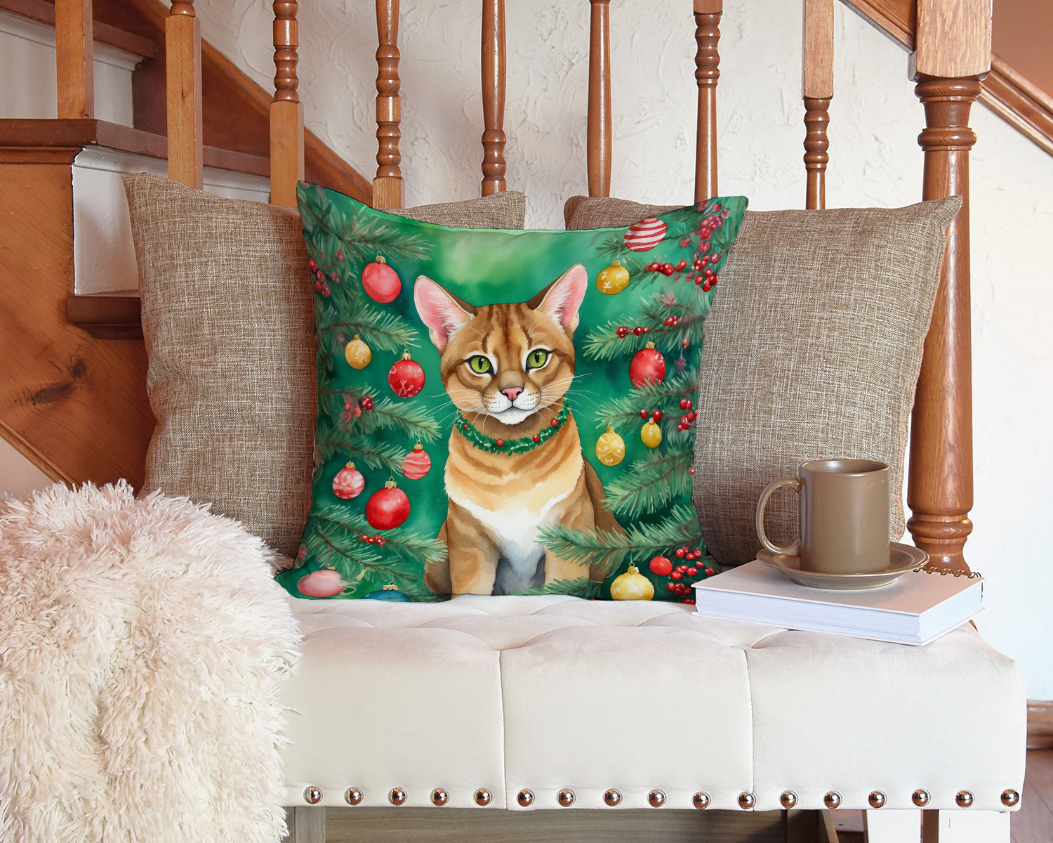 Caroline's Treasures Chausie Cat By the Christmas Tree Throw Pillow - 14x14 Decorative Pillow – Art for Your Home & Patio