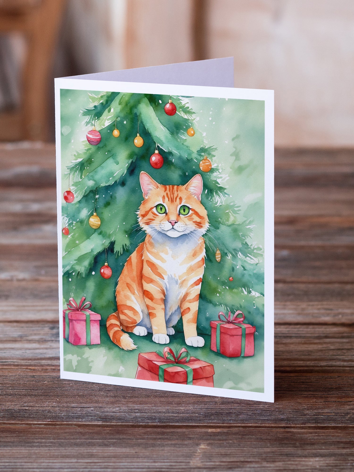 Caroline's Treasures Cheetoh Cat By the Christmas Tree Greeting Cards - Blank Note Cards – 8-Pack of Artist-Designed Cards with Envelopes