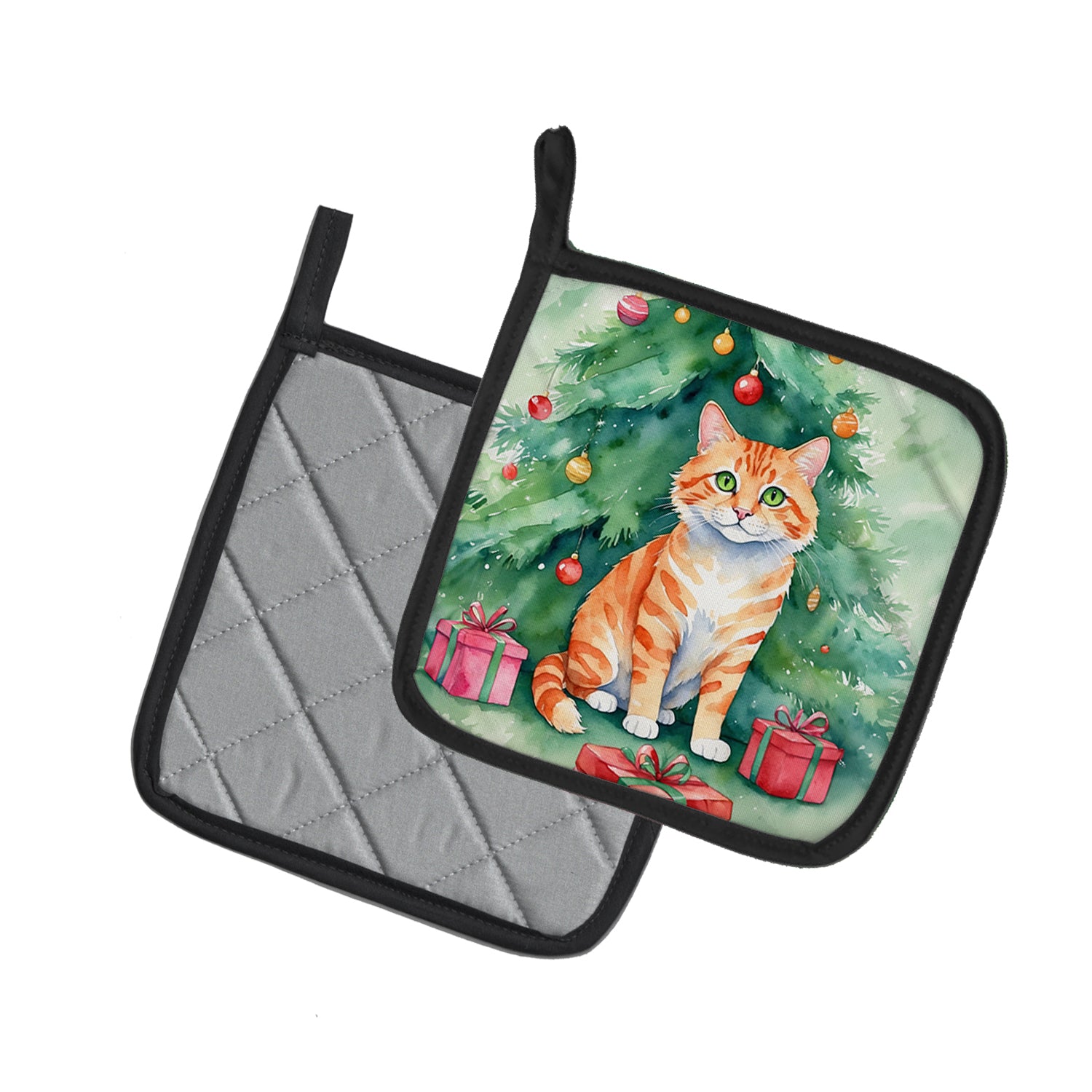 Caroline's Treasures Cheetoh Cat By the Christmas Tree Pot Holders - Set of 2 Decorative Kitchen Helpers | Made in the USA