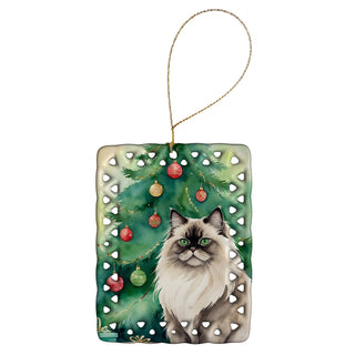Caroline's Treasures Colorpoint Longhair Cat By the Christmas Tree Porcelain Ornament