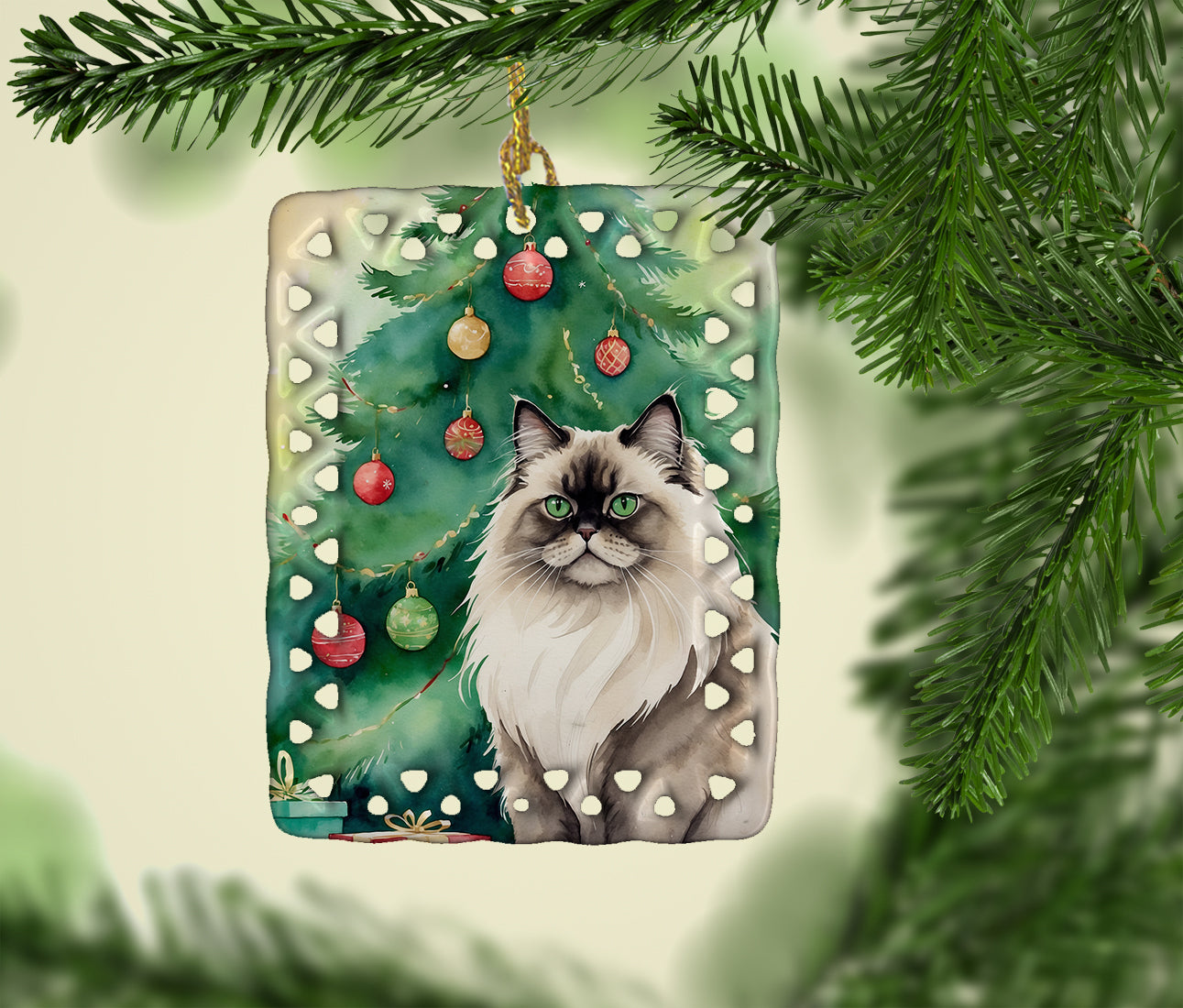 Caroline's Treasures Colorpoint Longhair Cat By the Christmas Tree Porcelain Ornament